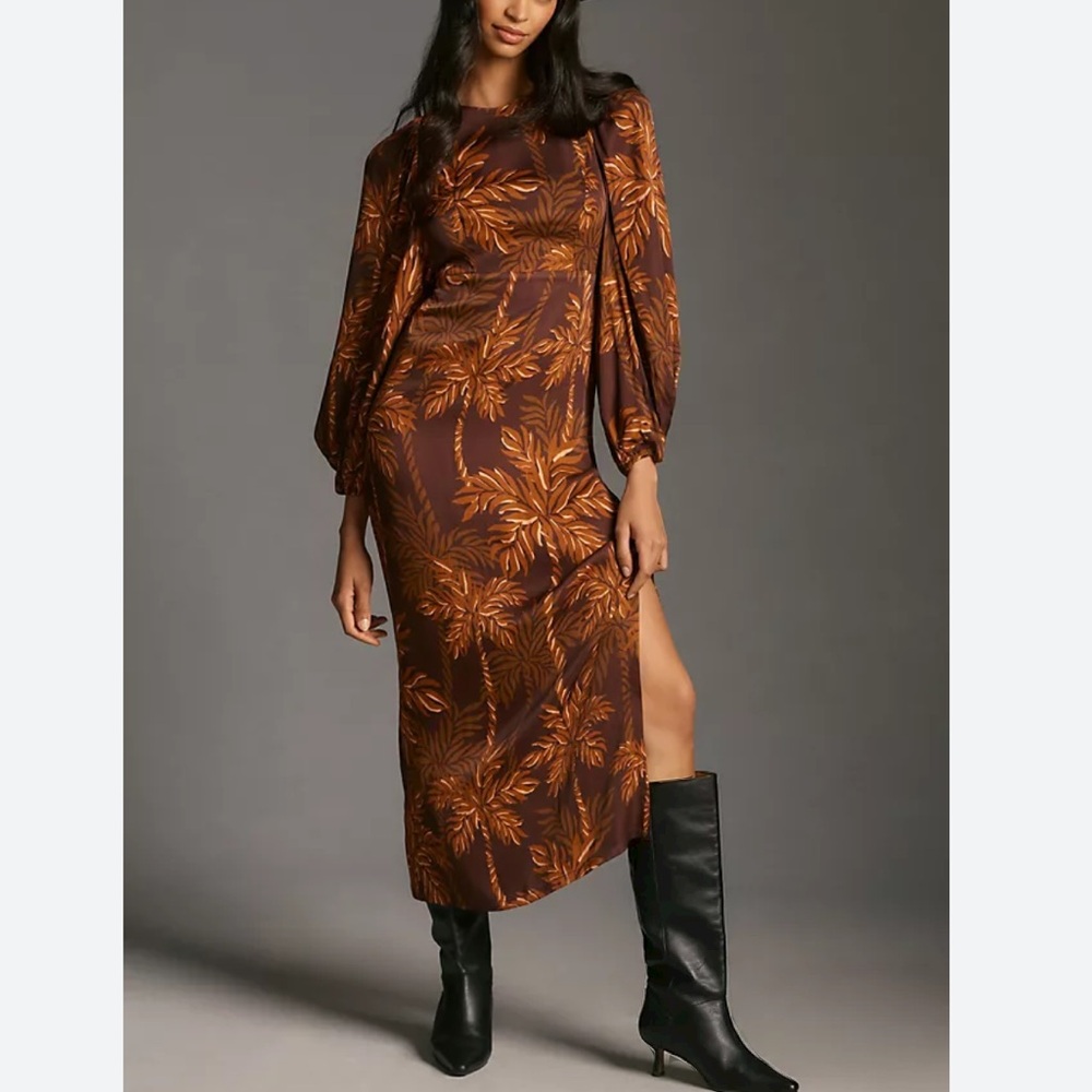 Farm Rio Printed Midi Dress Size S Women Long Sleeve Open Tie Back Viscose Slit